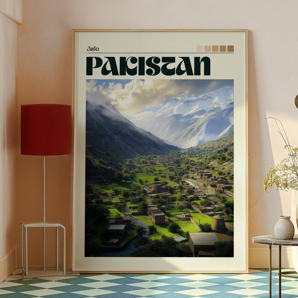 Pakistan Asia Snowy Mountain Valley Village Green Fields Travel Poster - Image 2
