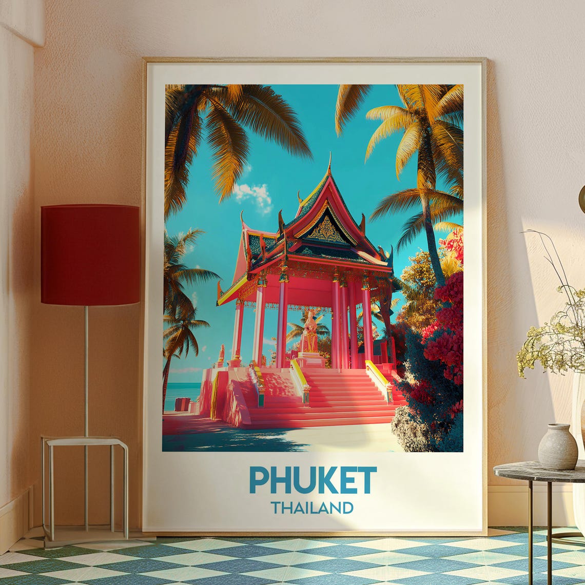 Phuket Thailand Red Temple Coconut Palms Sunset Travel Poster - Image 2