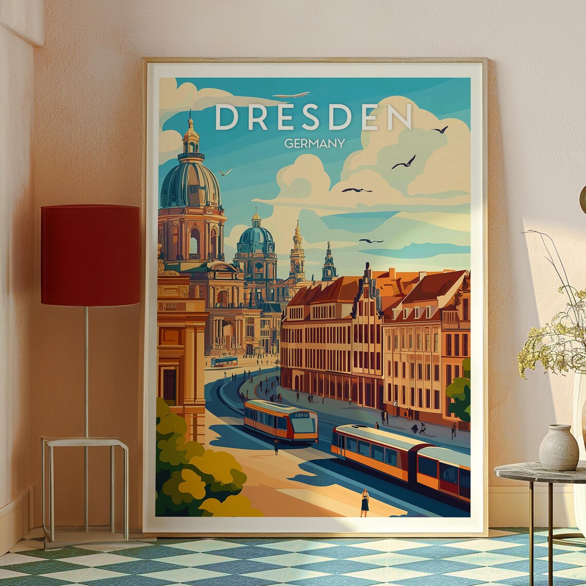 Dresden Germany Retro Travel Poster Old Town Tram Cathedral Art - Image 2