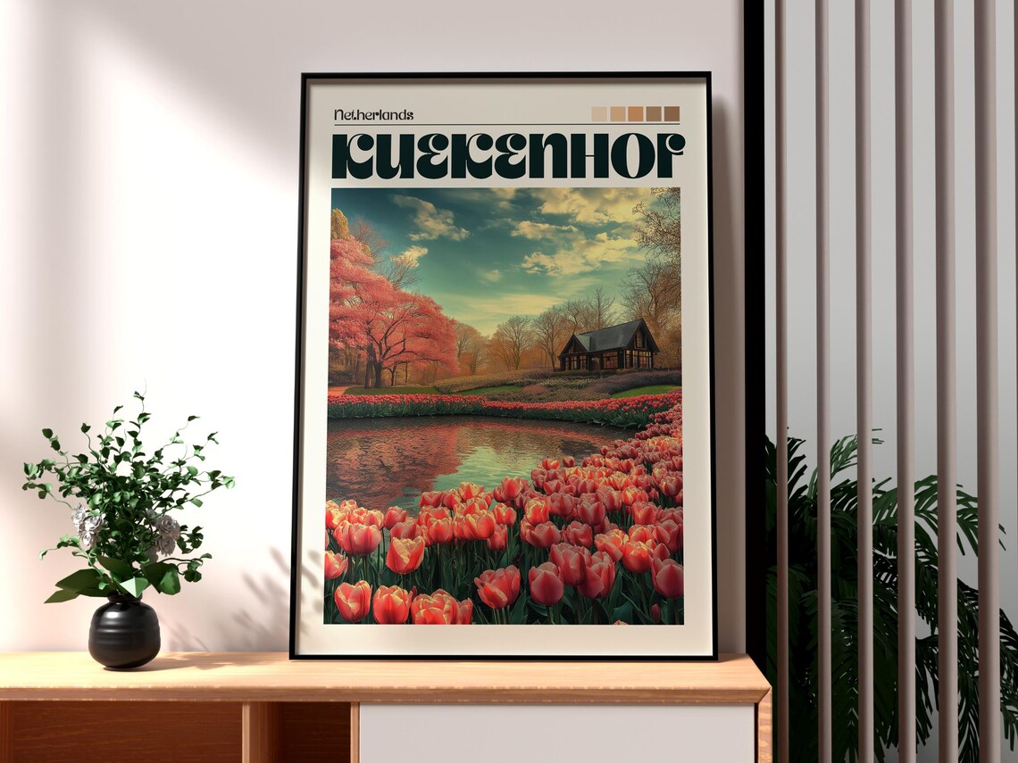 Keukenhof Netherlands Red Tulip Gardens Lake Sunset View Poster
