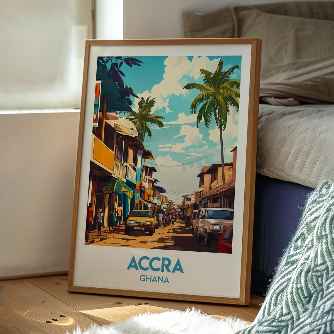 Accra Ghana Bustling Market Street Palm Trees Vintage Travel Poster - Image 3