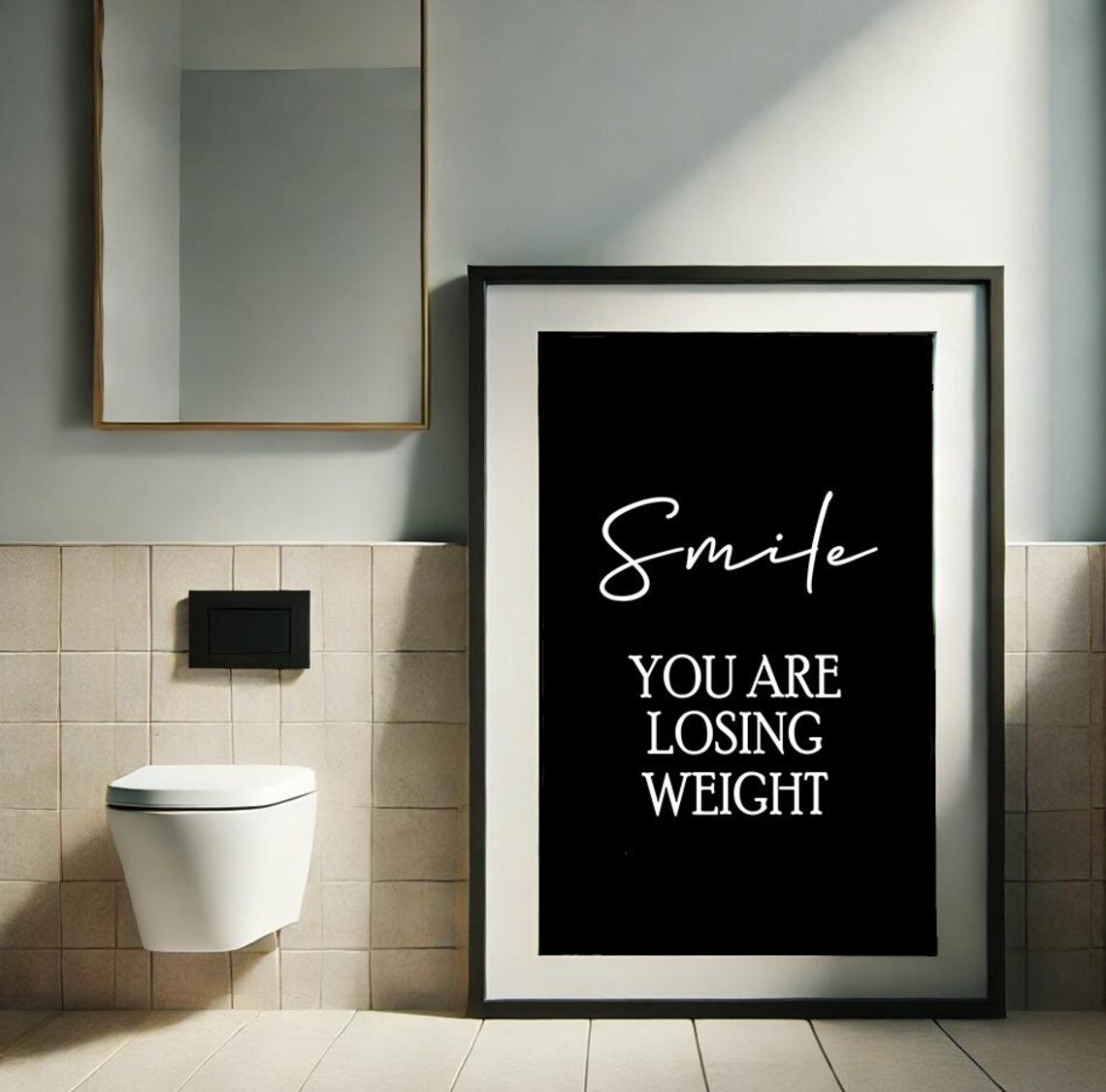 Smile You Are Losing Weight Funny Bathroom Black And White Poster - Image 2