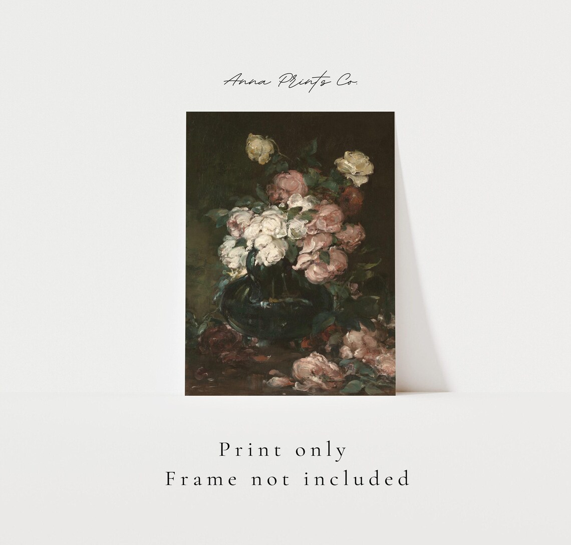 Moody Roses Still Life Oil Painting Print Dark Floral Antique Wall Art - Image 3