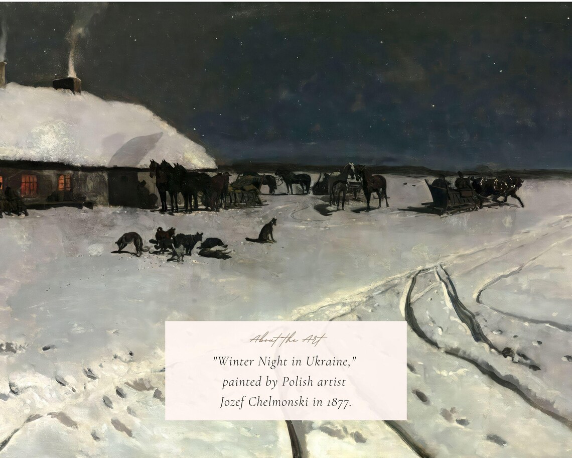 Winter Night In Ukraine Starry Snowy Farmyard Horses Vintage Art Print - Image 2