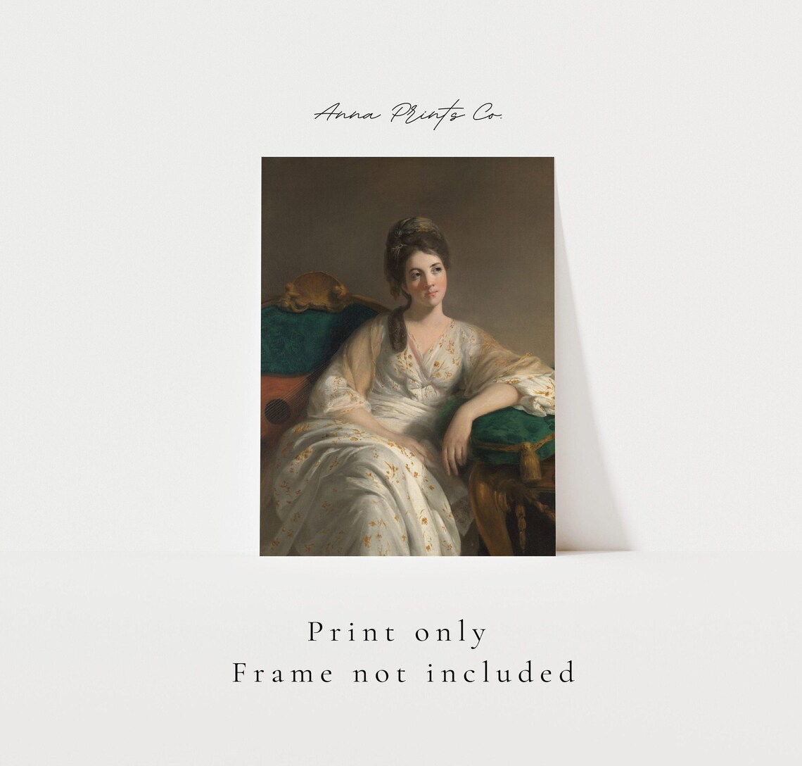 Baroque Woman With Guitar In White Silk Dress Portrait Art Print - Image 3