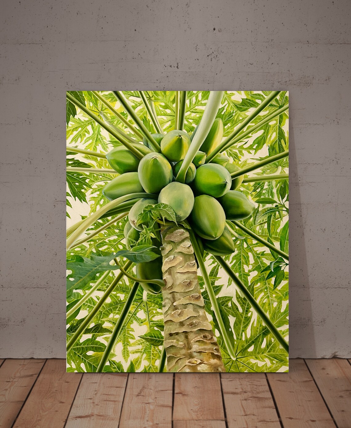 Green Papaya Fruits Tree Top Tropical Jungle Realistic Oil Wall Art