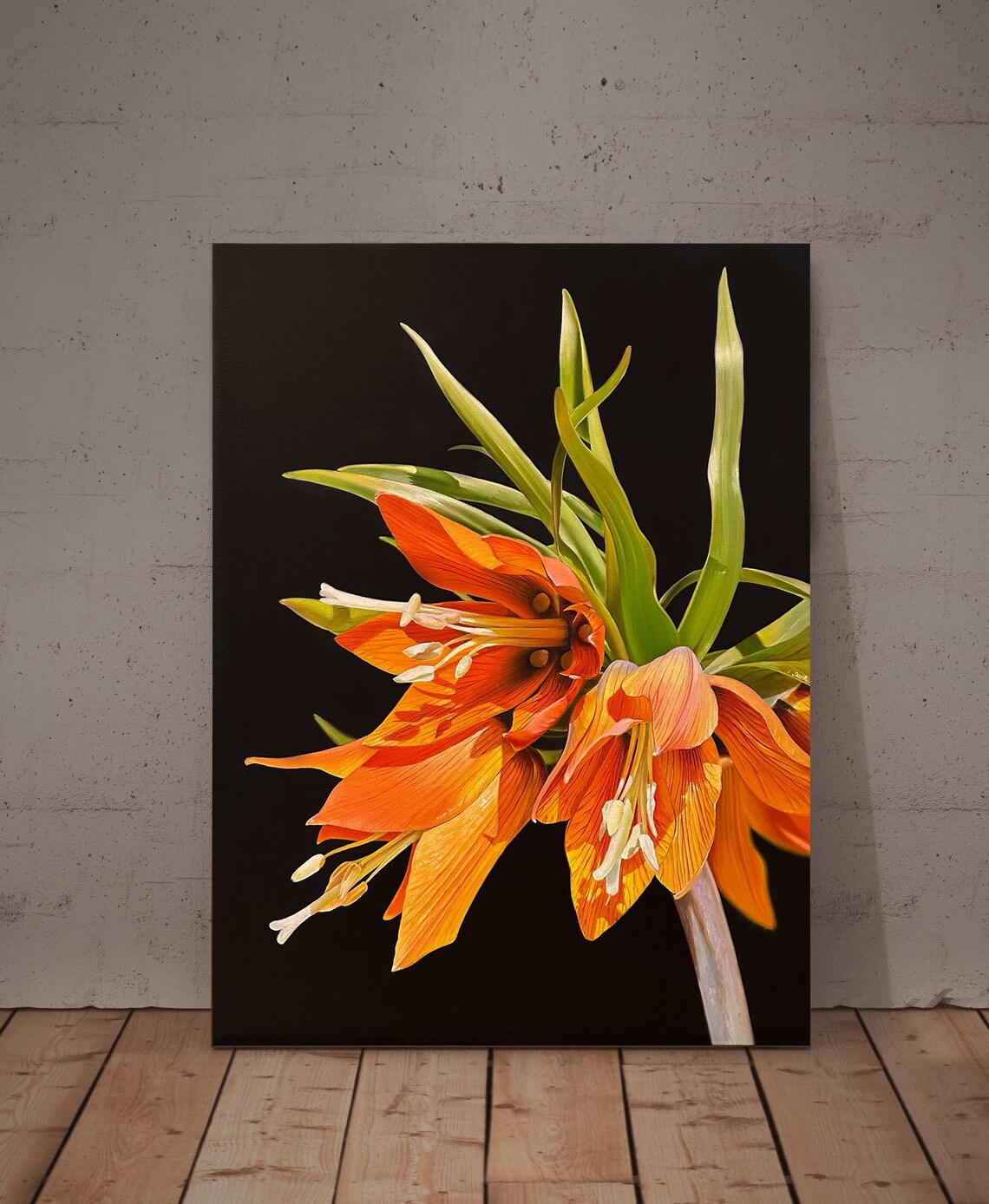Orange Crown Imperial Fritillaria Flowers Black Ground Oil Wall Art