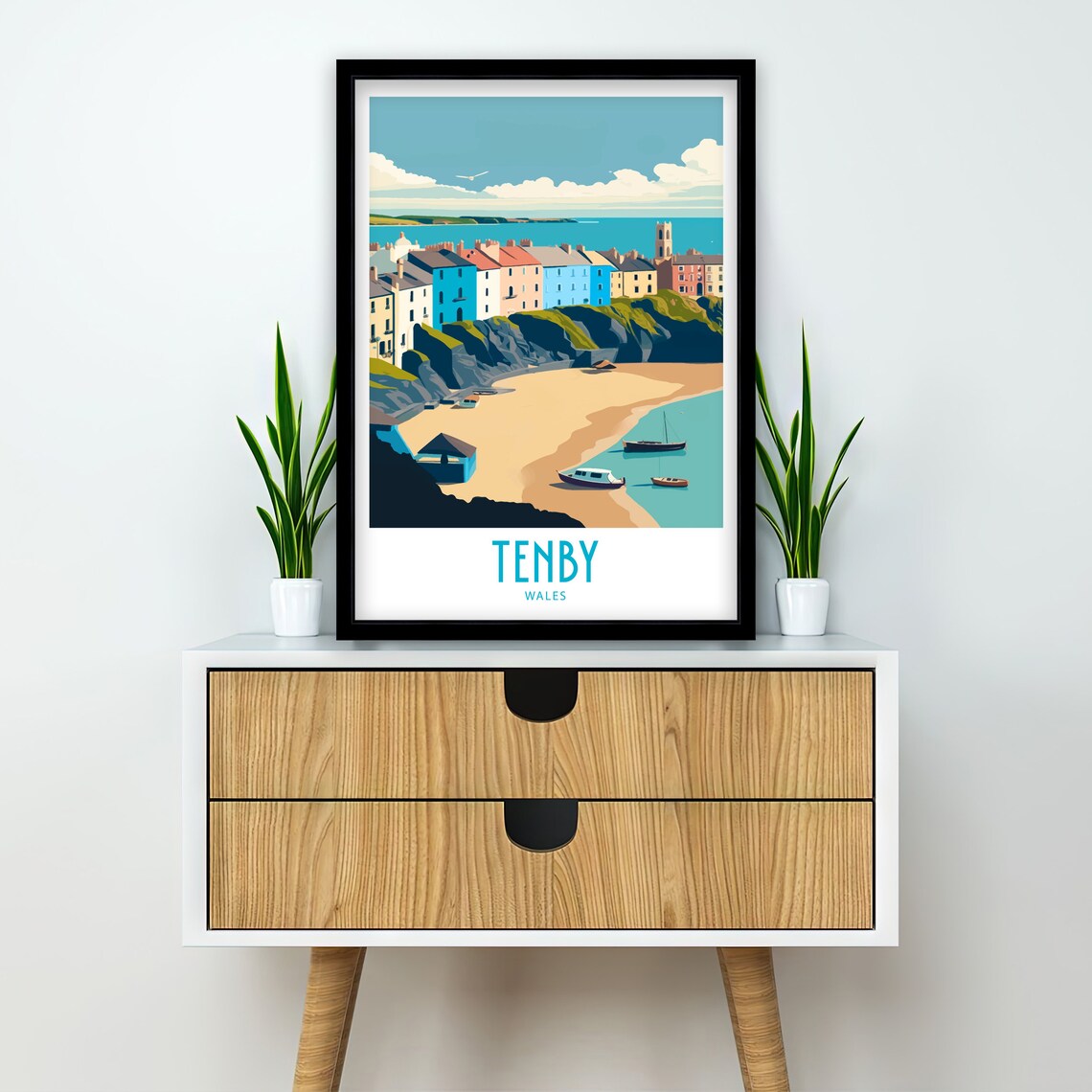 Tenby Wales Colorful Seaside Houses Sandy Beach Boats View Poster - Image 3