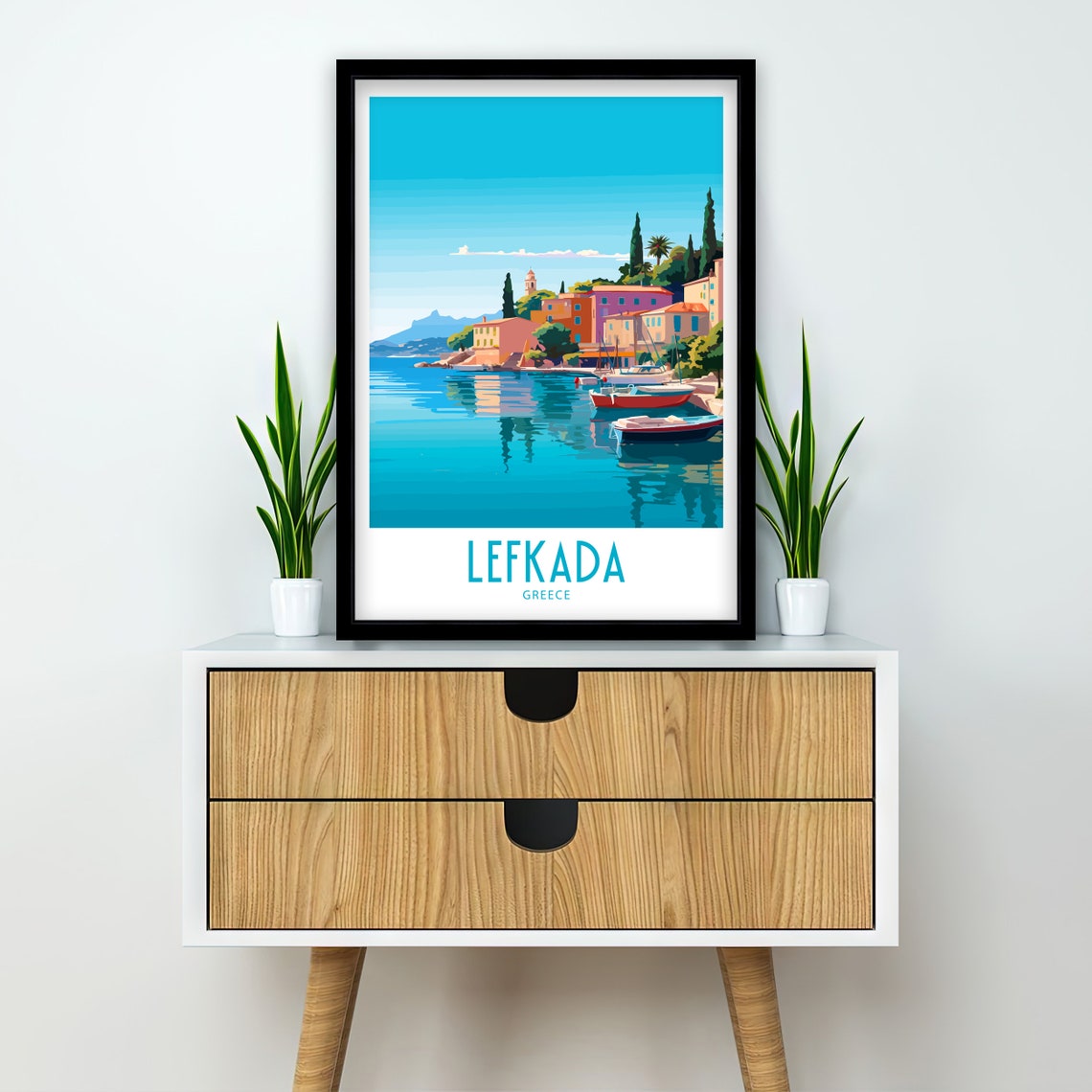 Lefkada Greece Calm Waterfront Sailboats Retro Travel Poster - Image 2