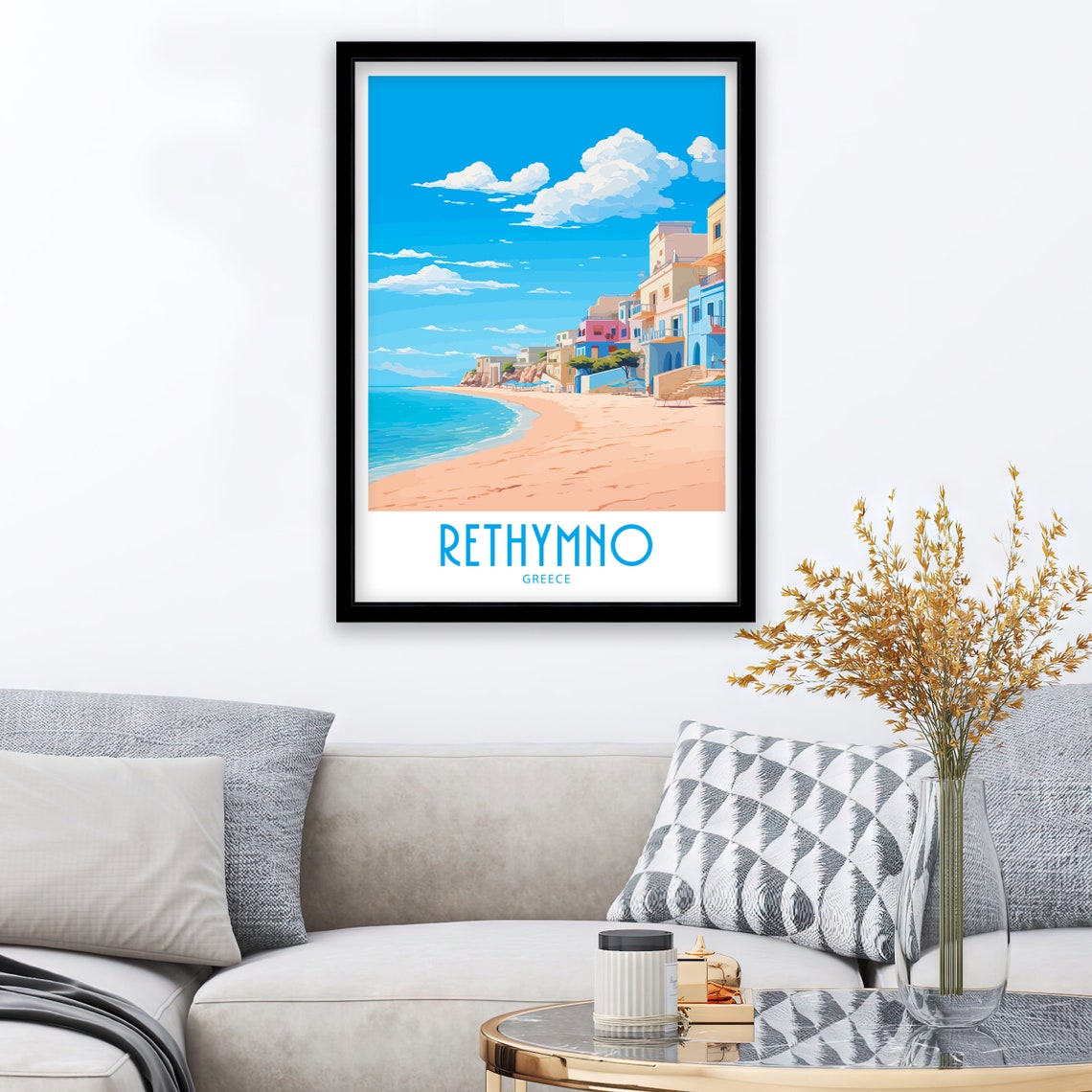 Rethymno Greece Sandy Beach Colorful Hillside Buildings Summer Poster - Image 4
