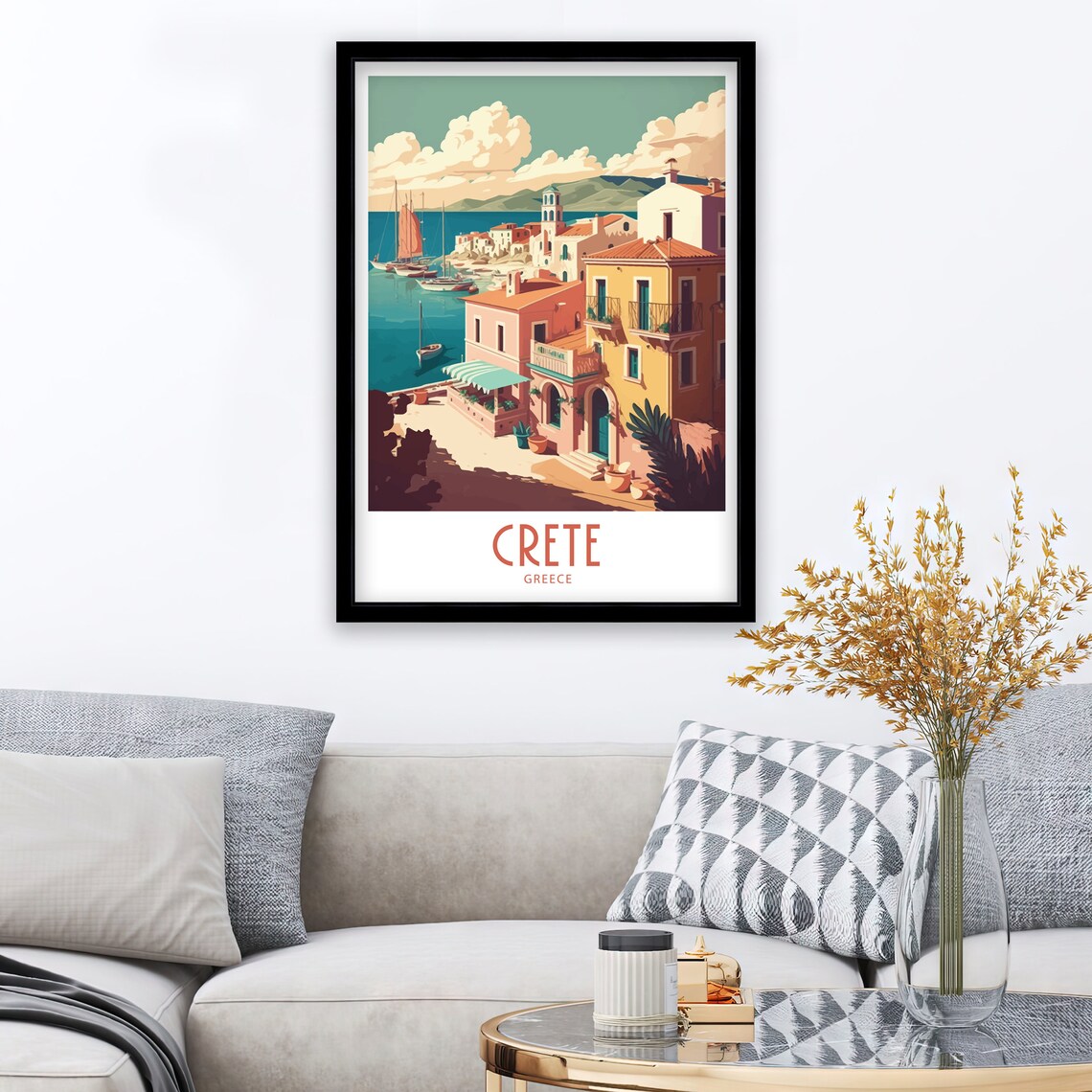 Crete Greece Retro Fishing Village Harbor Sailboats Travel Poster - Image 3