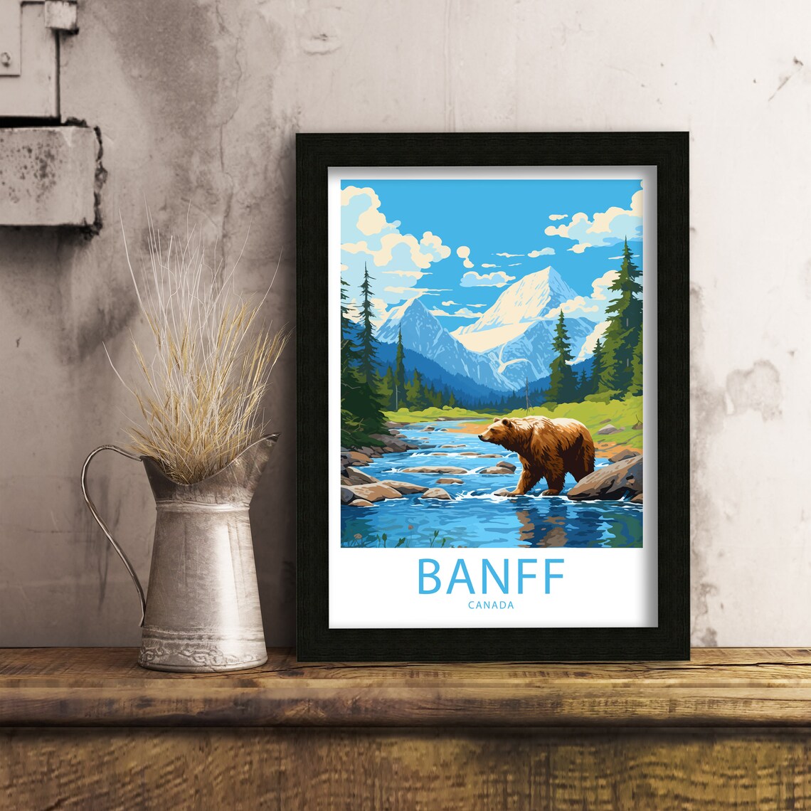 Banff Canada Grizzly Bear Mountain River Illustrated Travel Poster - Image 5