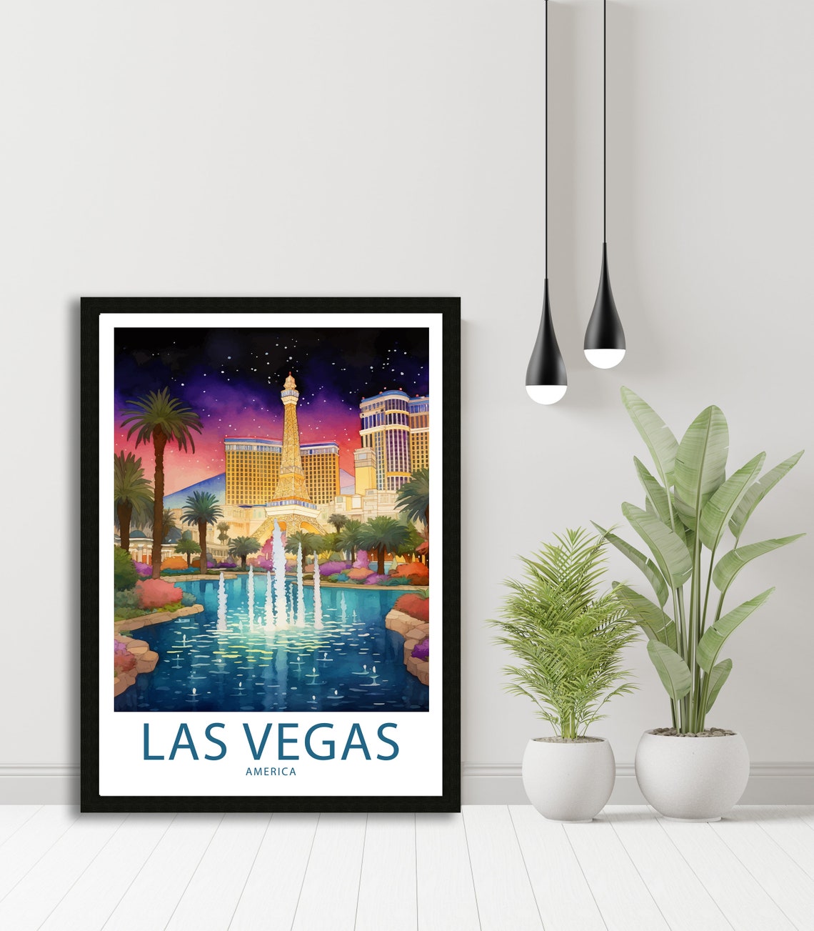Las Vegas America Eiffel Tower Replica Fountain Lake Night Poster - Image 4