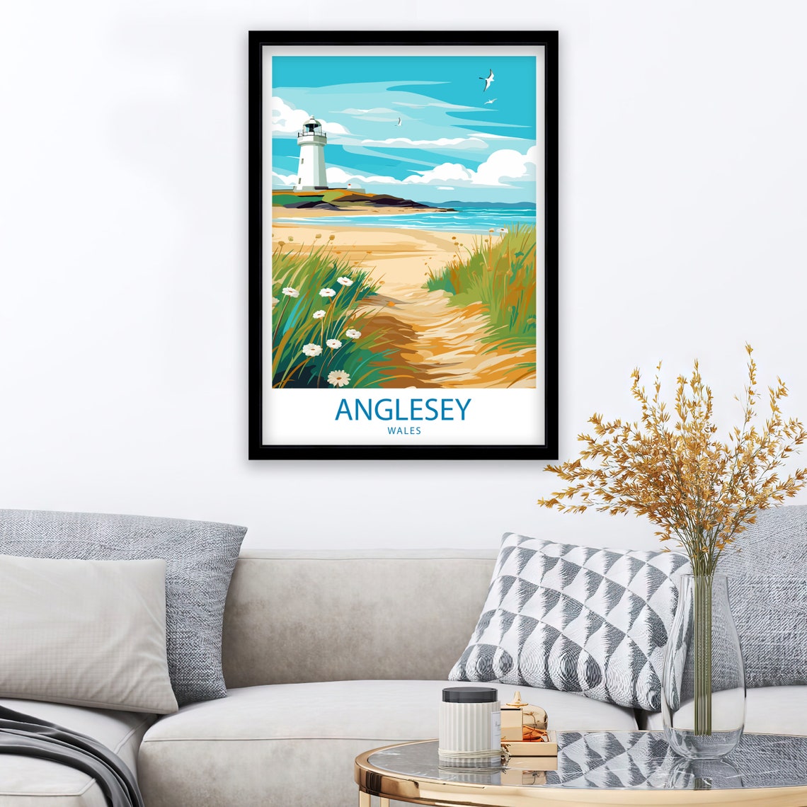 Anglesey Wales Lighthouse on a Sandy Beach Coastal Scene Poster - Image 2