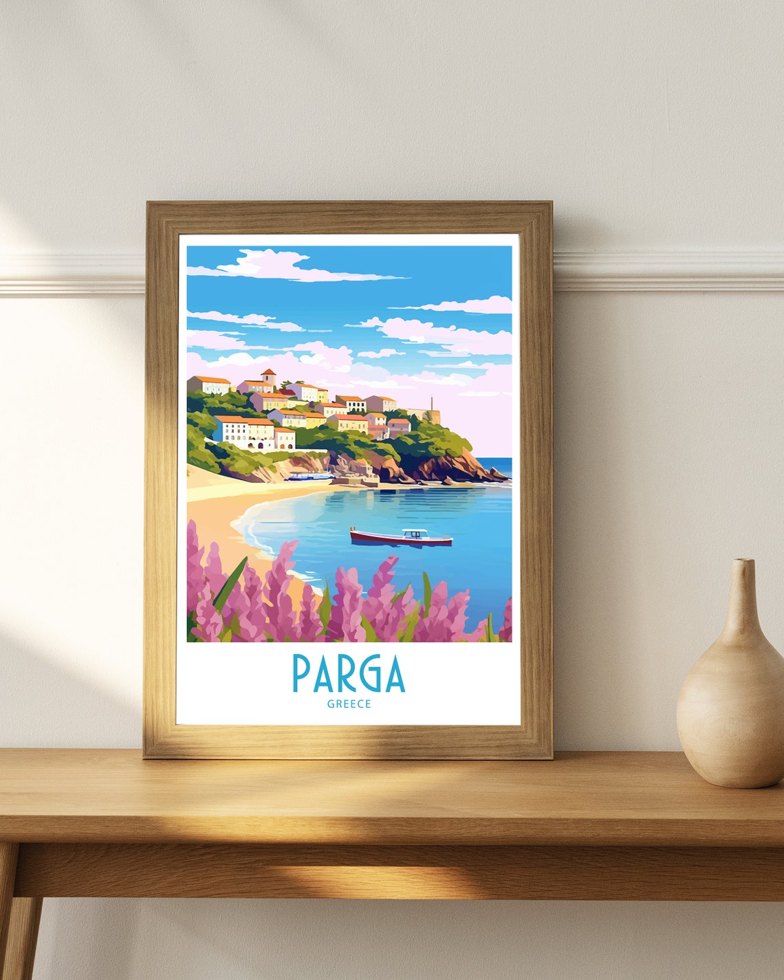 Parga Greece Sandy Beach Pink Flowers Hillside Town Travel Art Poster - Image 4