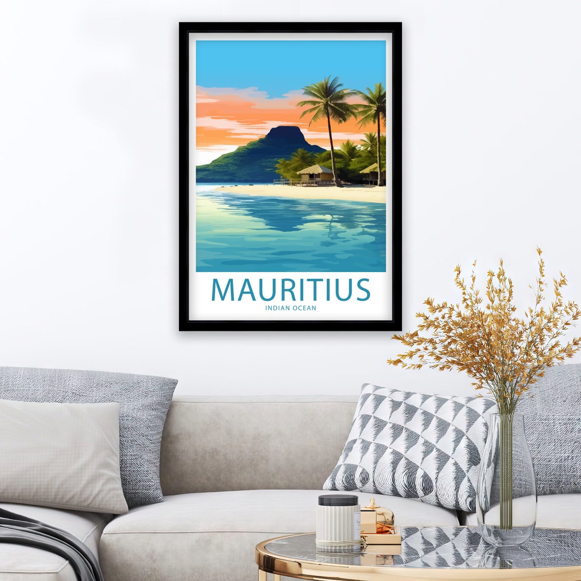 Mauritius Indian Ocean Palm Beach Mountain Illustrated Travel Poster - Image 3