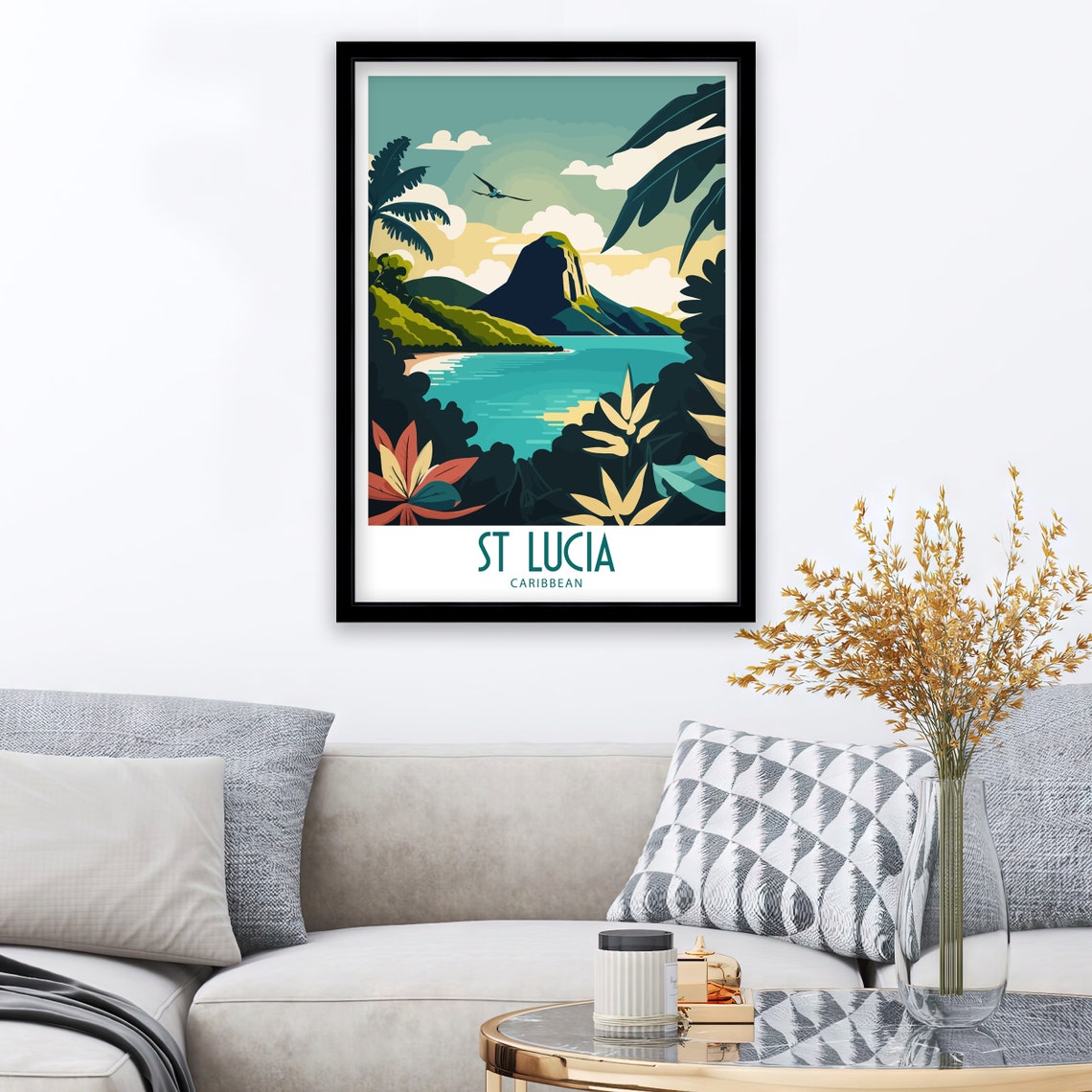 St Lucia Caribbean Tropical Bay Palm Framed Travel Illustration Poster - Image 2
