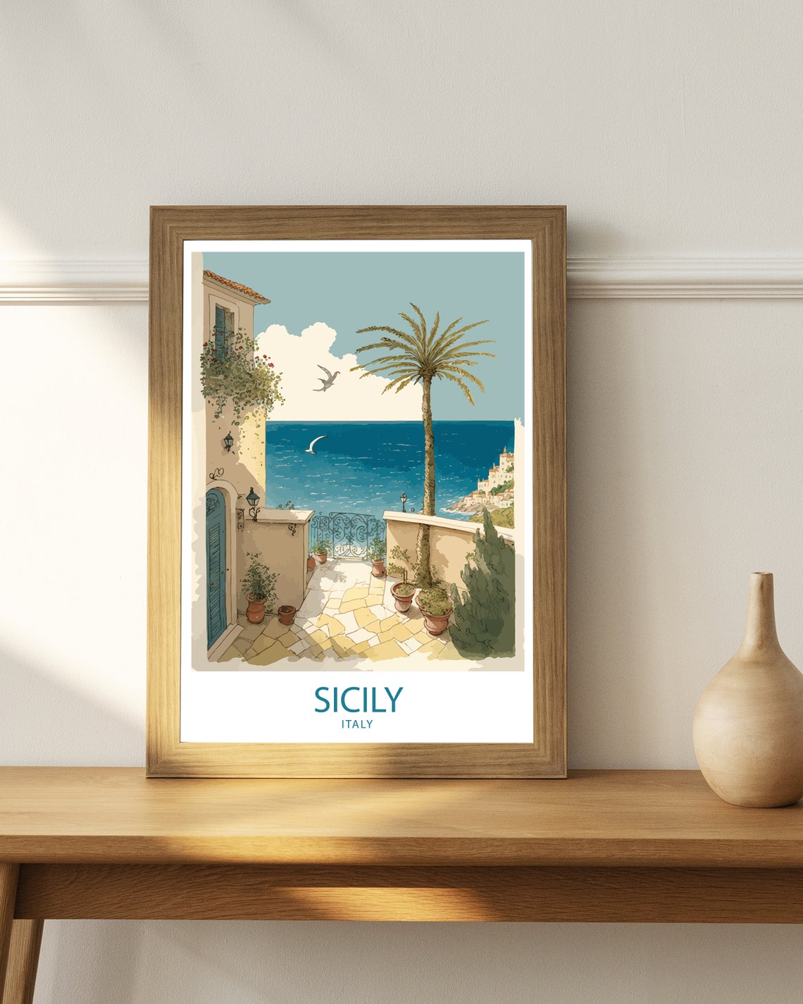 Sicily Italy Seaside Terrace Palm Stone Courtyard Travel Poster - Image 3