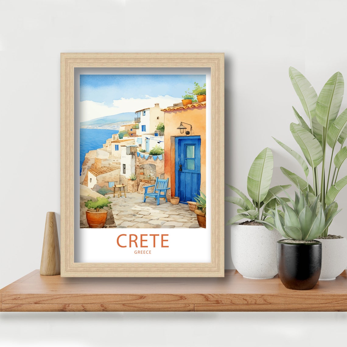 Crete Greece Courtyard Blue Doors Sea View Watercolor Poster - Image 6