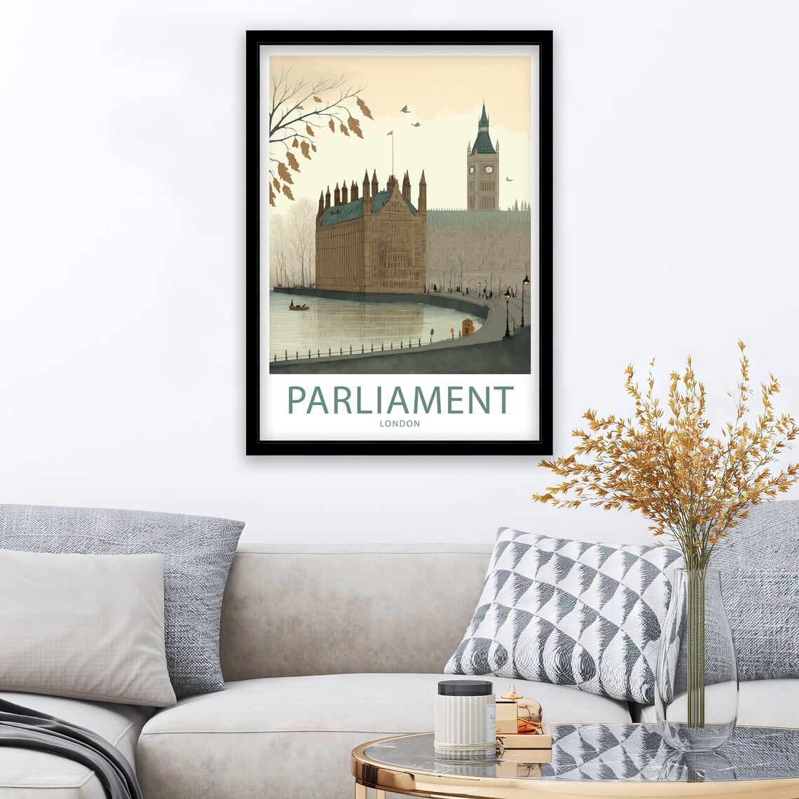 Houses of Parliament London Thames Autumn Big Ben Vintage Poster - Image 3