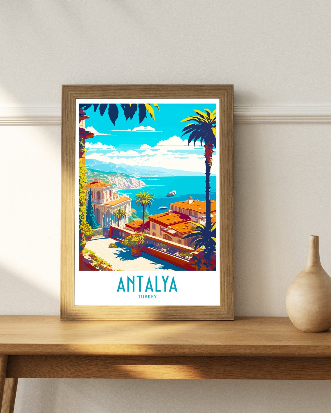 Antalya Turkey Mediterranean Terrace Palm Trees Coastal View Poster - Image 2