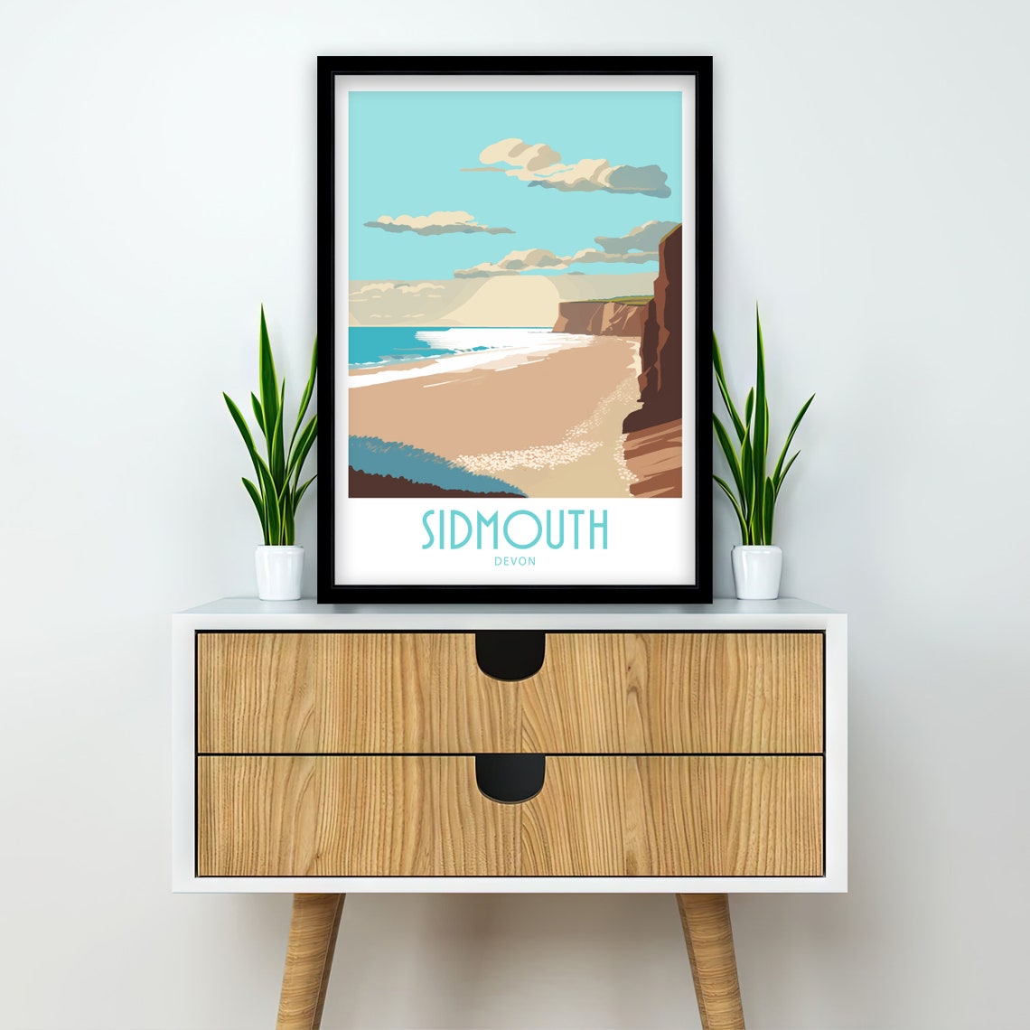 Sidmouth Devon Red Cliffs Golden Beach Sunset Retro Travel Poster - Image 2