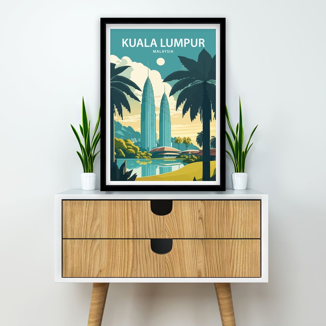 Kuala Lumpur Malaysia Twin Towers Palms And Moon Retro Travel Poster - Image 2
