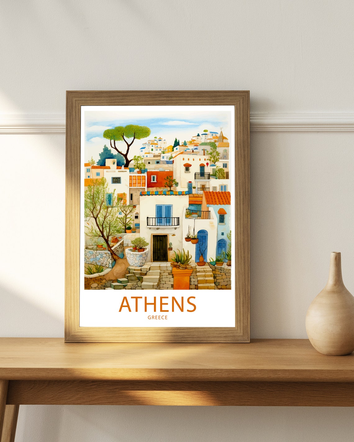 Athens Greece White Washed Old Town Houses Watercolor Art Poster - Image 4