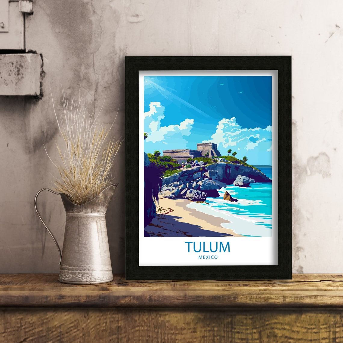 Tulum Mexico Ancient Ruins on Ocean Cliffs Travel Art Poster - Image 4