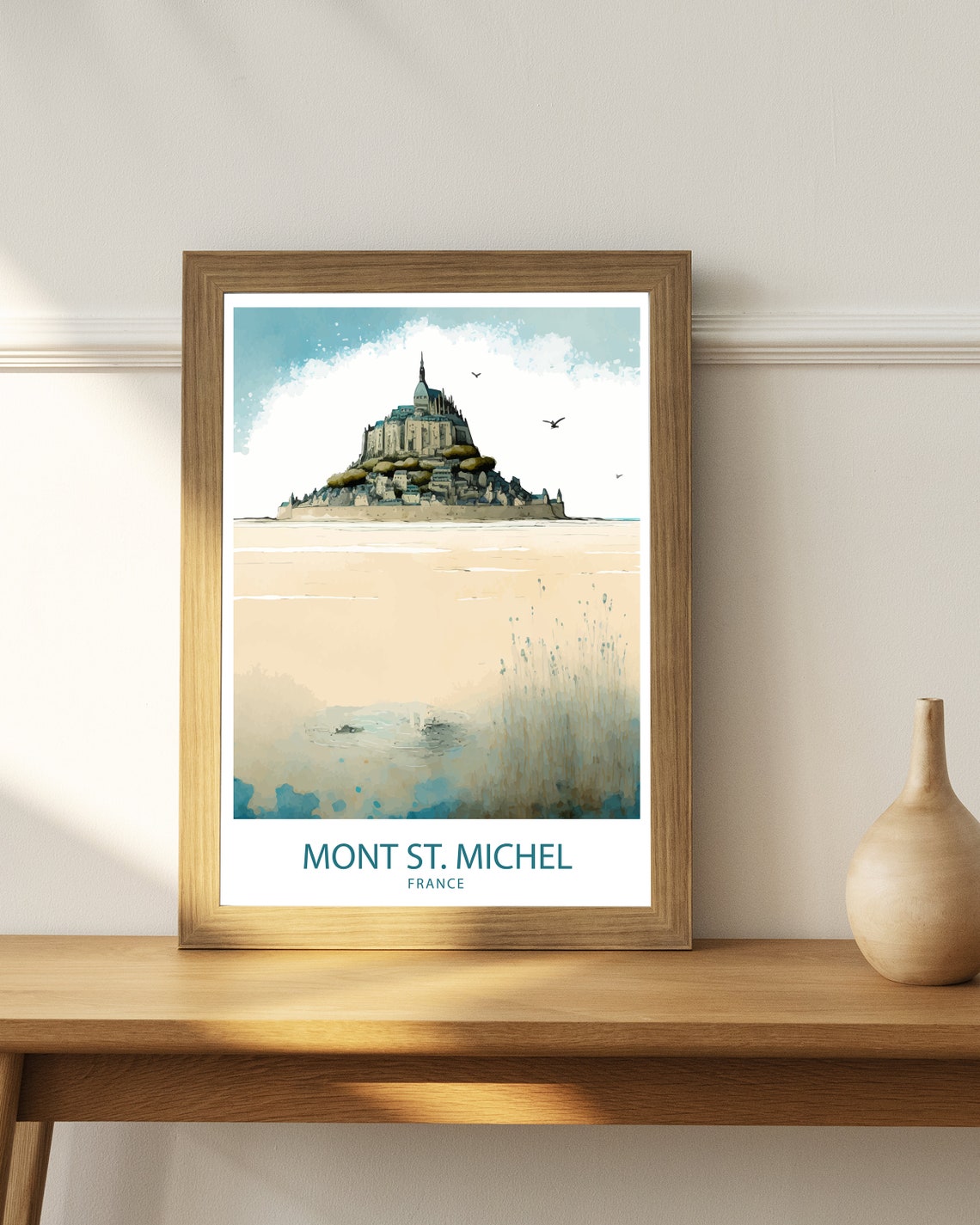 Mont St Michel France Misty Beach Minimalist Watercolor Poster - Image 3