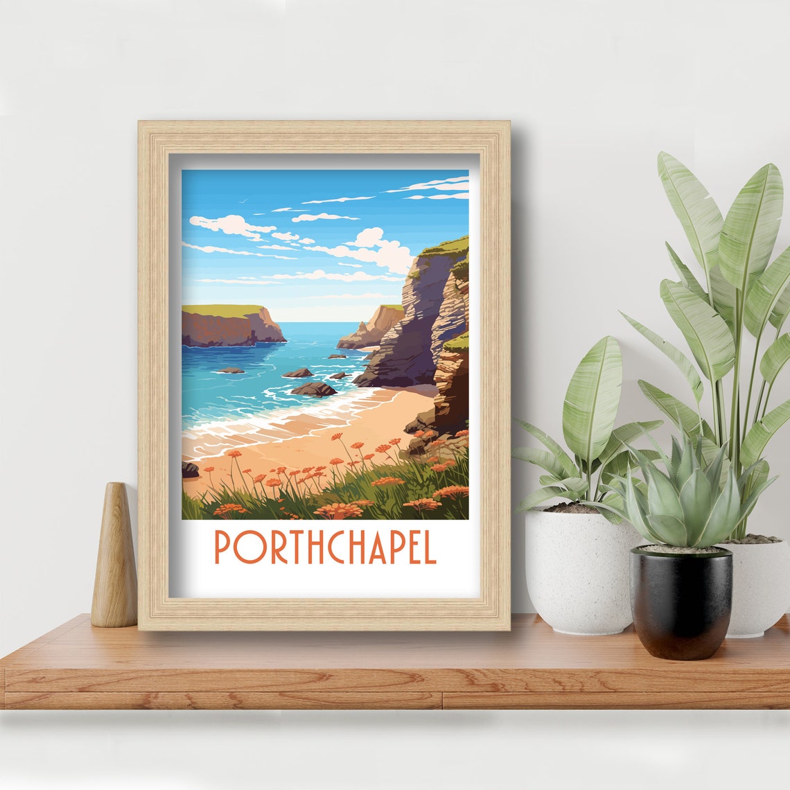 Porthchapel Cornwall Coastal Cliffs Beach Art Illustration Poster - Image 6