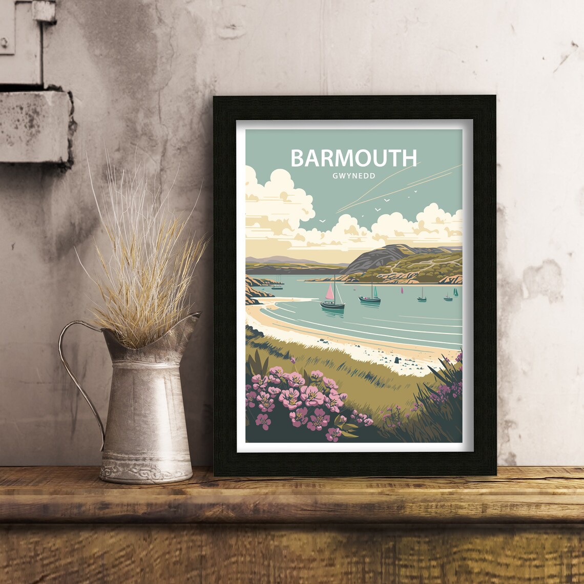 Barmouth Gwynedd Wales Sailboat Harbor Pink Flowers Travel Poster - Image 5
