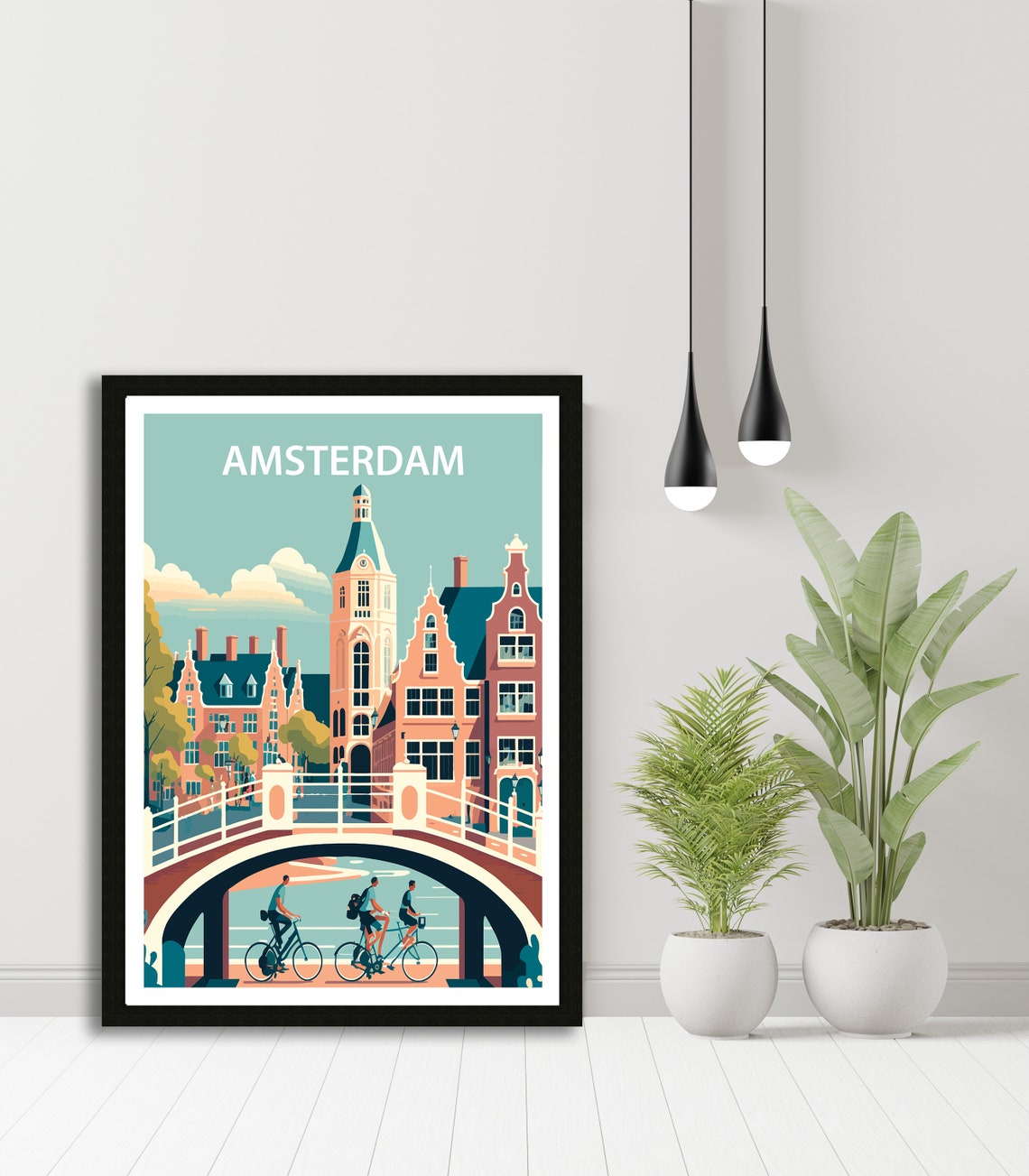Amsterdam Canal Bridge Cyclists Church Tower Pastel Travel Poster - Image 4