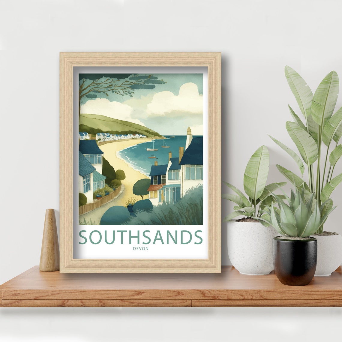 South Sands Devon Watercolor Seaside Village Sandy Beach Cove Poster - Image 6