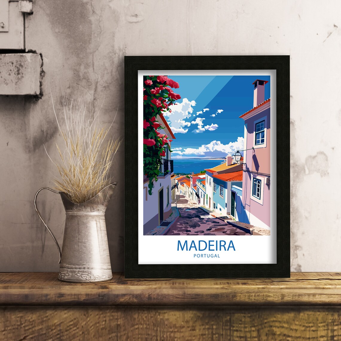 Madeira Portugal Cobblestone Street with Bougainvillea Sea View Poster