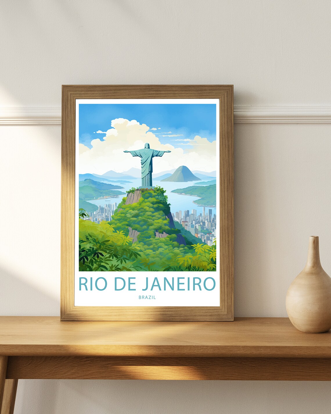 Rio de Janeiro Brazil Christ Over City Bay Illustrated Travel Poster - Image 3