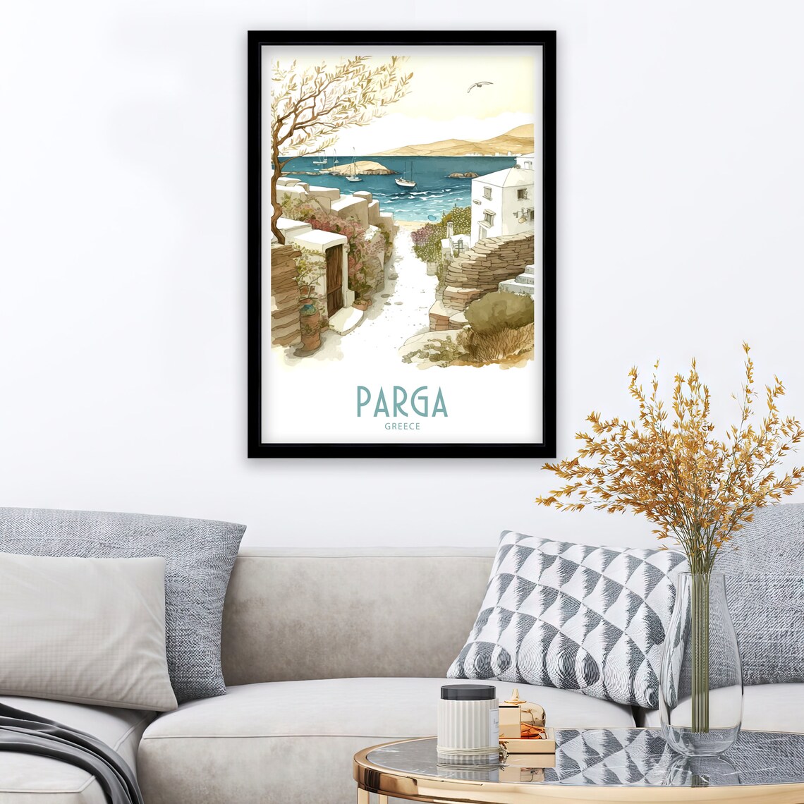 Parga Greece Watercolor White Alley Harbor Boats Olive Tree Art Poster - Image 3