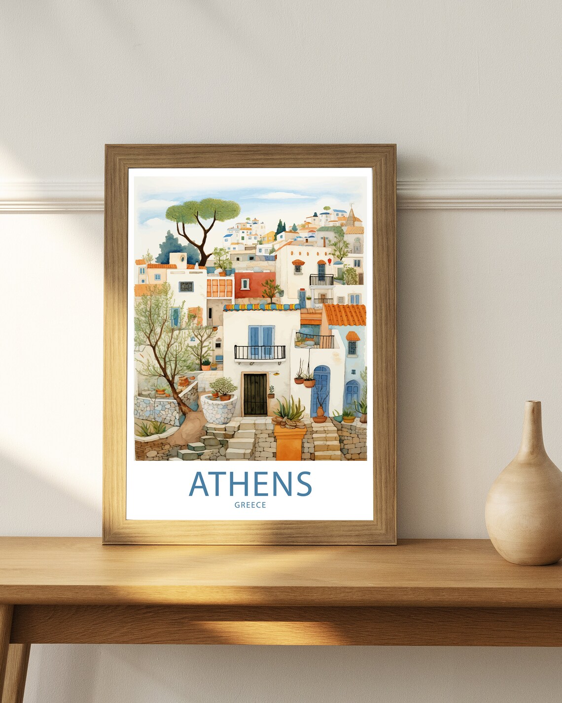Athens Greece Whitewashed Village Lane Watercolor Travel Poster - Image 4