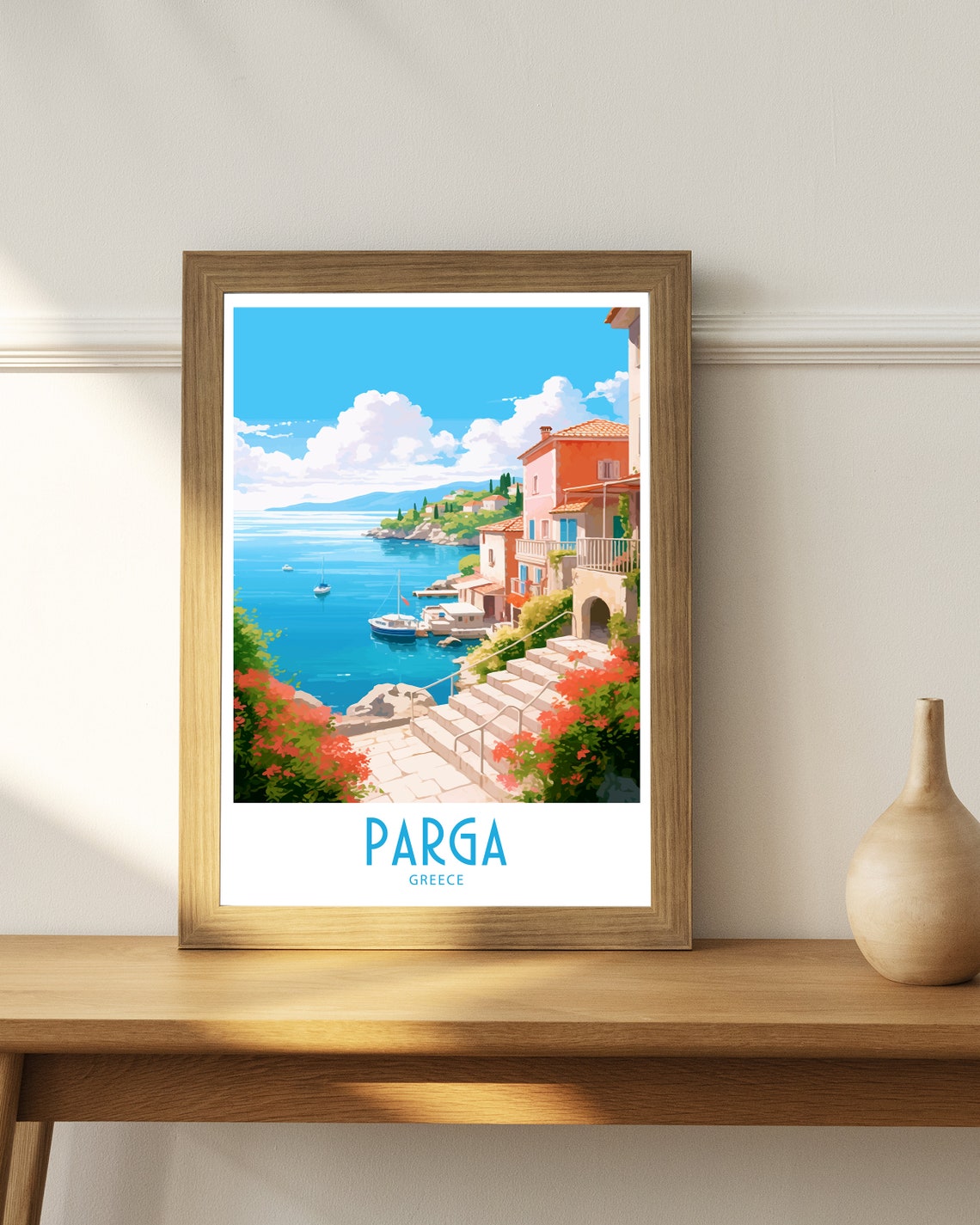 Parga Greece Harbor Steps Red Flowers Pastel Houses Travel Art Poster - Image 4
