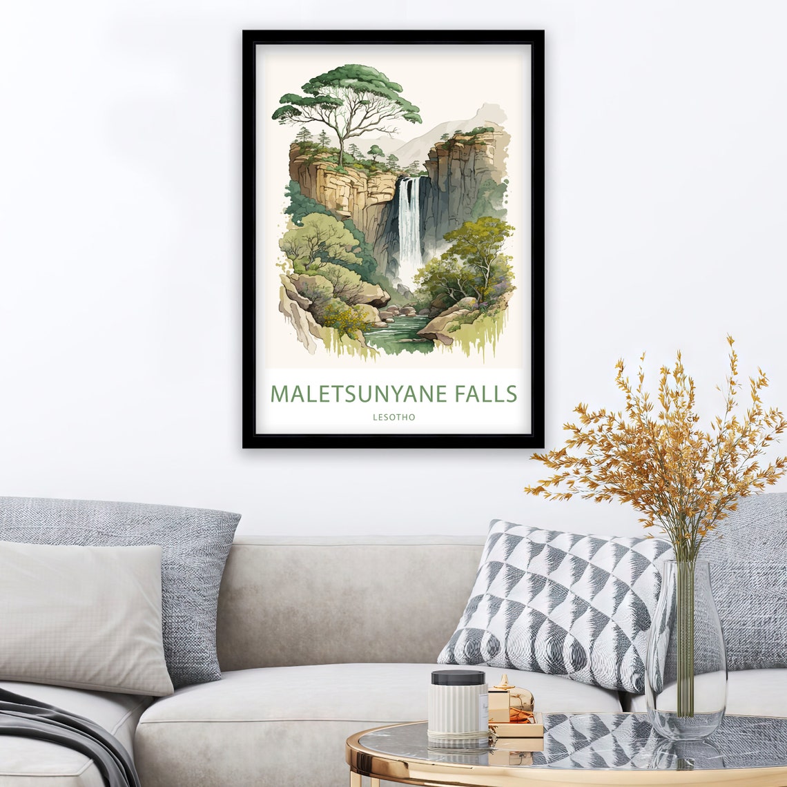 Maletsunyane Falls Lesotho Waterfall Cliffs Watercolor Nature Poster - Image 2