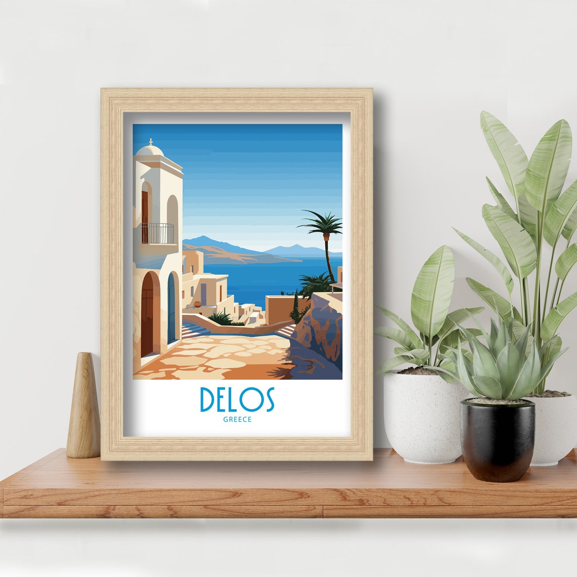 Delos Greece Whitewashed Street Church Tower Palm Tree Sea Poster - Image 6