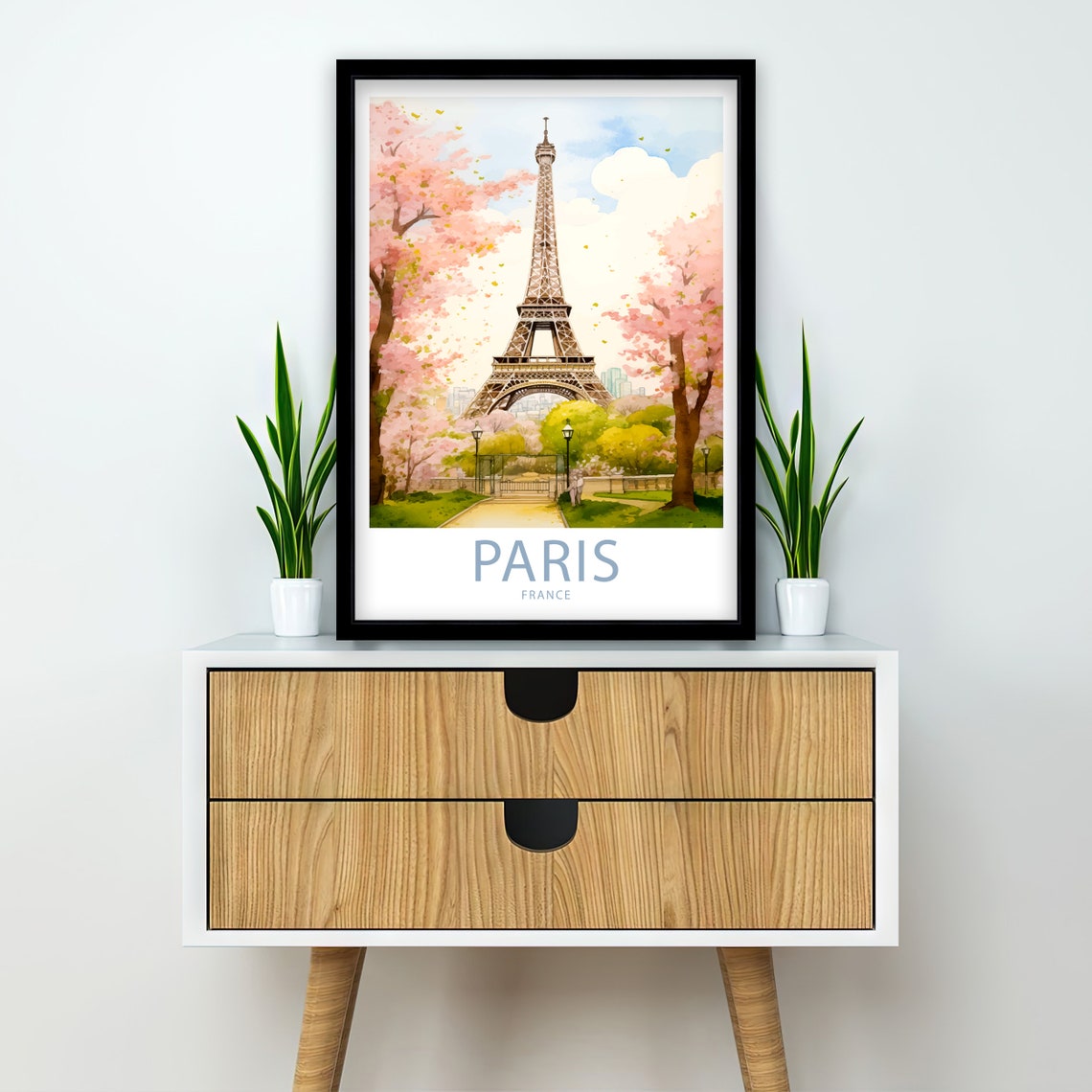 Paris France Eiffel Tower Cherry Blossom Park Illustrated Poster - Image 2
