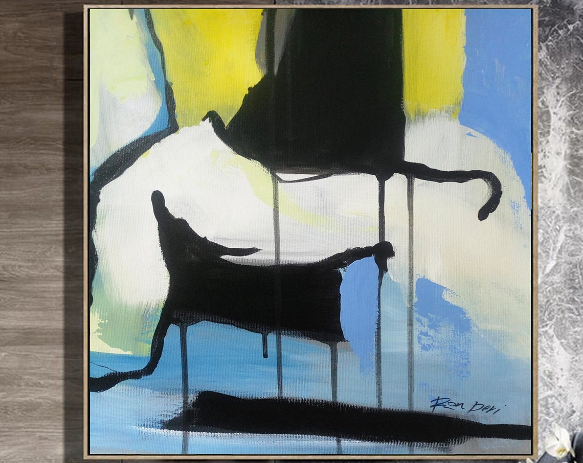 Bold Black Form Over Bright Blue Yellow Playful Abstract Art Print - Image 5