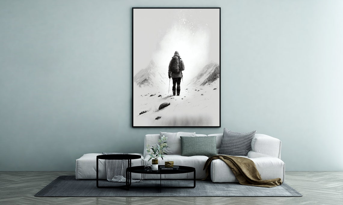 Monochrome Hiker Trekking Poles Snowy Mountain Trail Art Poster - Image 2