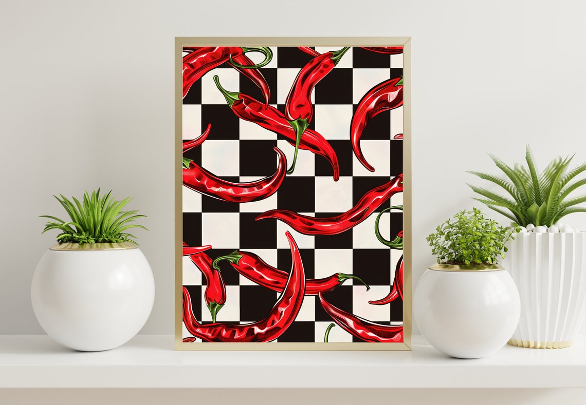 Red Chilli Peppers Checkered Background Maximalist Kitchen Poster - Image 2
