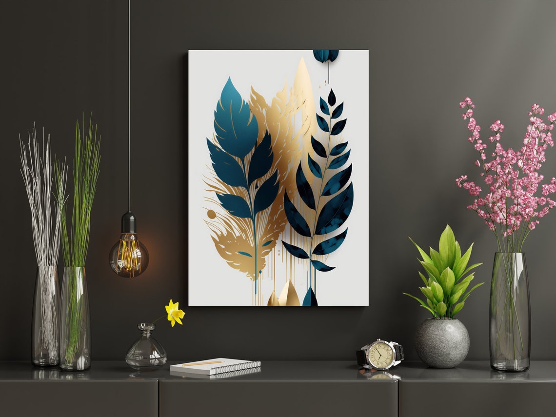 Teal Gold Abstract Leaf Sprigs Glam Botanical Modern Art Poster - Image 3