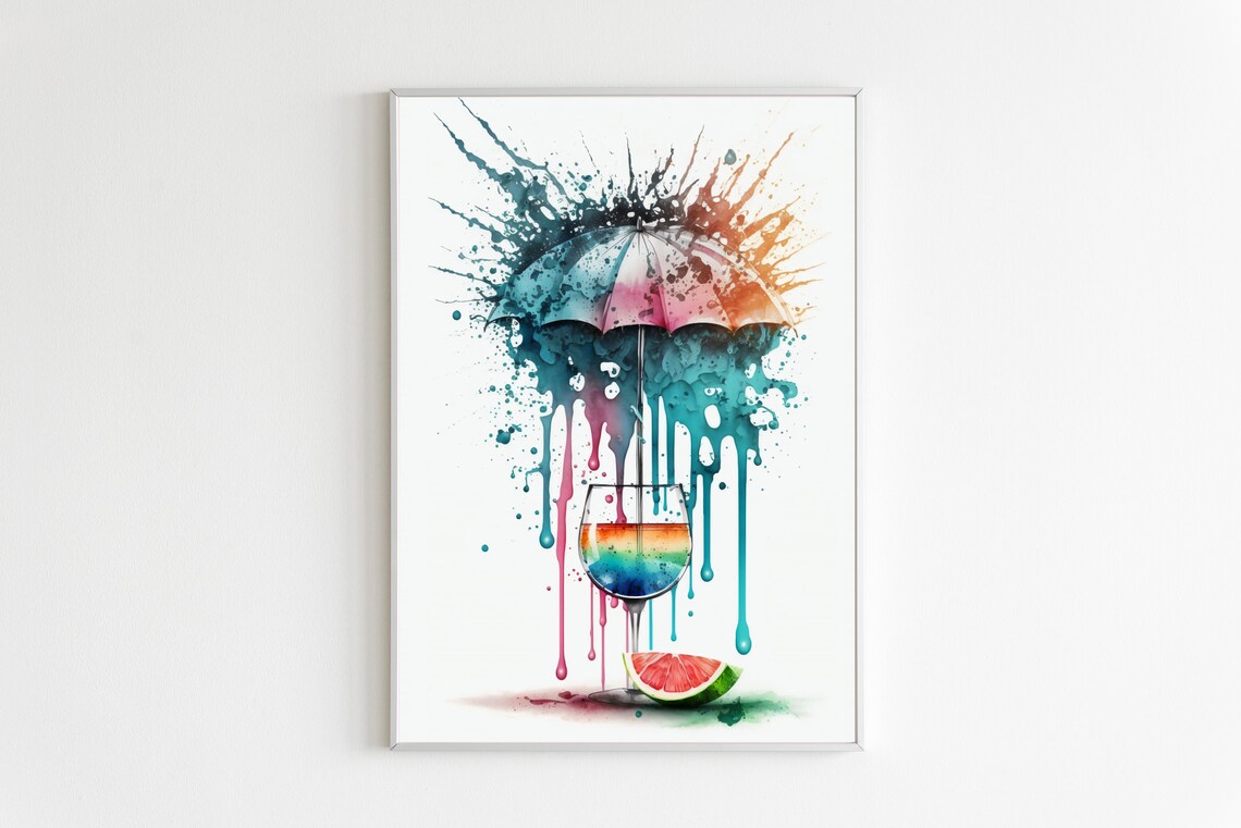 Rainbow Umbrella Cocktail Glass Watercolor Splash Bar Art Poster