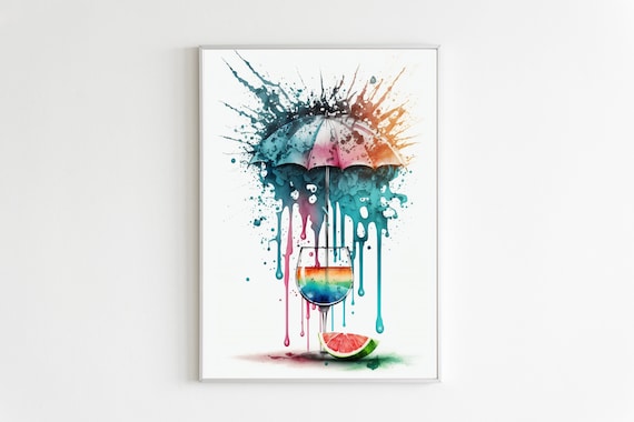 Rainbow Umbrella Cocktail Glass Watercolor Splash Bar Art Poster