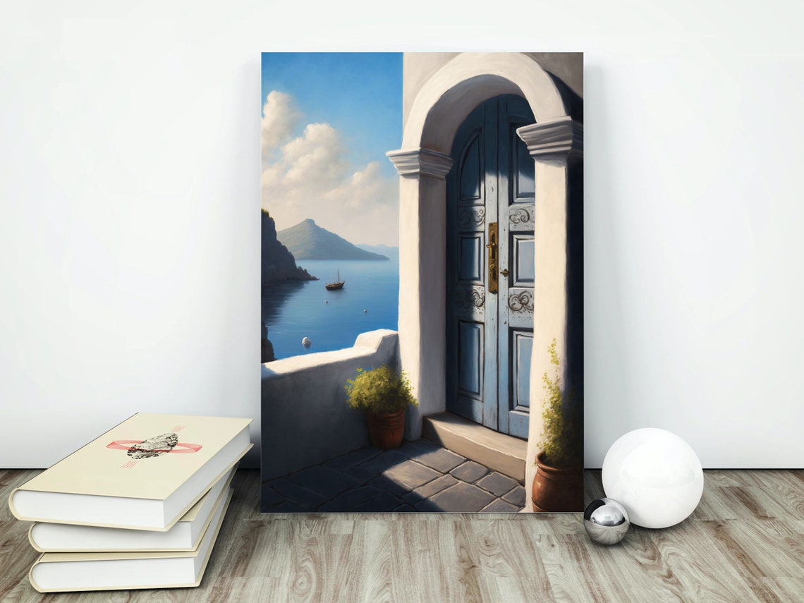 Mediterranean Terrace Blue Door Overlooking Calm Aegean Sea Poster - Image 4