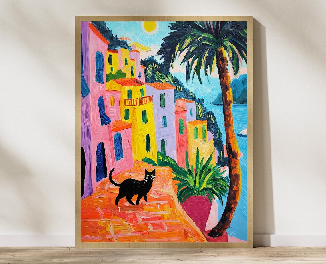 Black Cat Strolling Through A Colorful Coastal Town Sunny Pop Art Poster